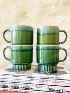 VINTAGE | Mid Century Stackable Ceramic Coffee Mugs - Deep Green (Set of 4)